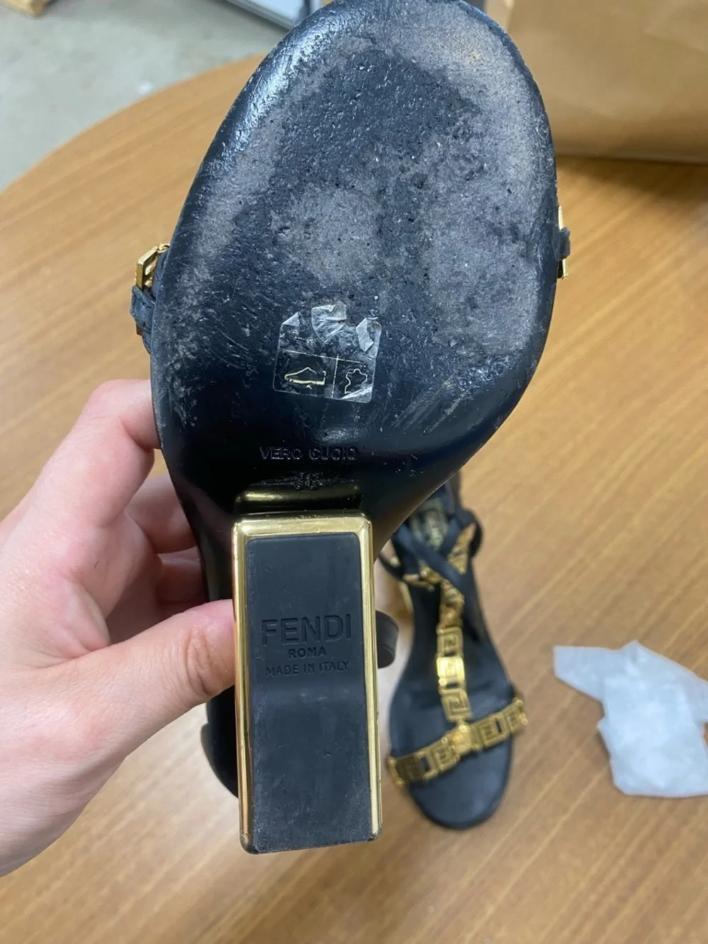 Fendi First Fendace  Black Leather T-Strap Heels with Gold Medusa Chain